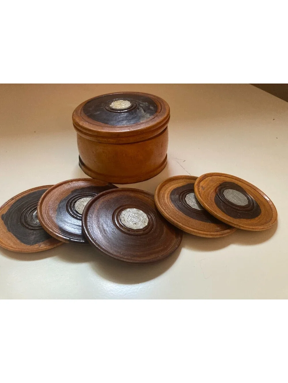 Vintage 5 Pc Hard Wood Coaster Set in Box